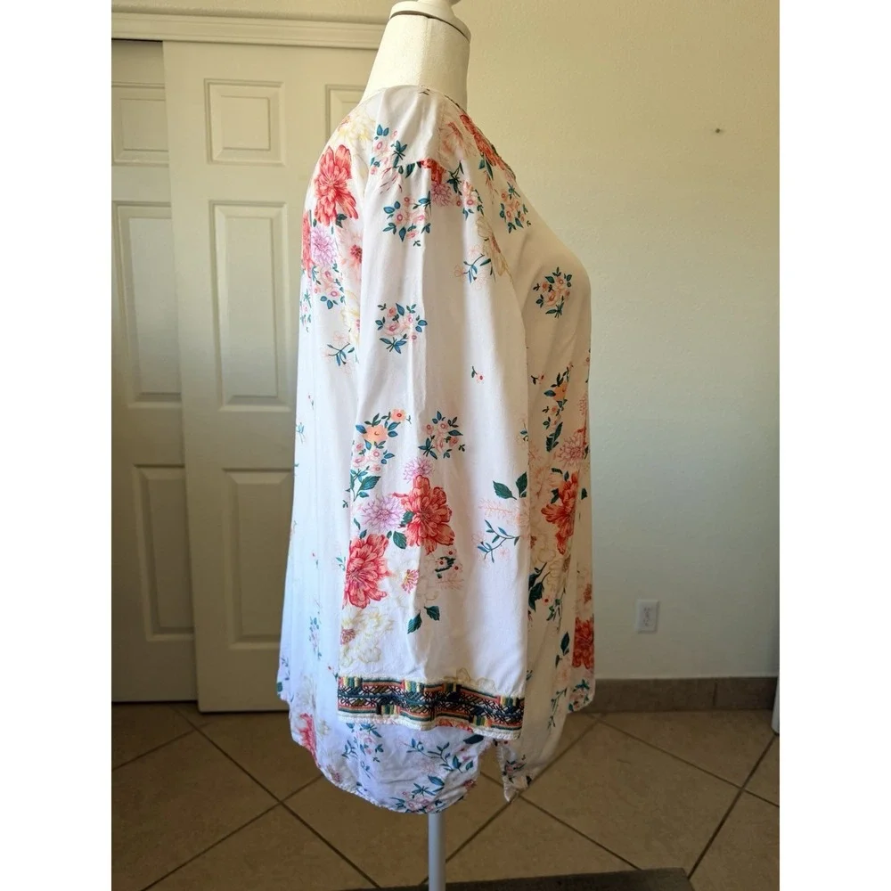 Linda Anderson Women XXL Floral Boho Peasant Blouse White Rayon Embroidered Top - Picture 4 of 16